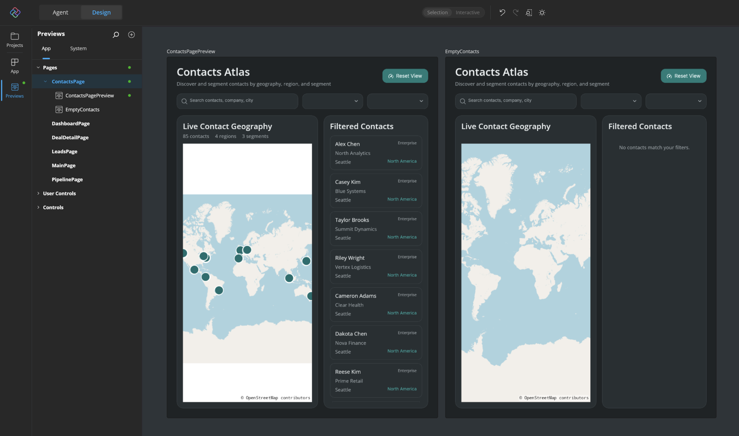 A page previewed across empty, error and populated states