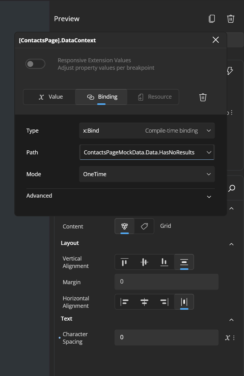 Binding a preview to a ViewModel in Uno Platform Studio
