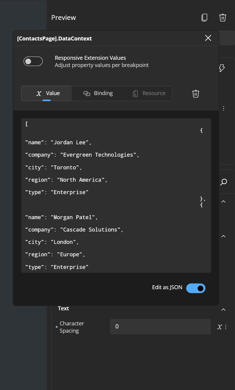 Binding a preview to a JSON payload in Uno Platform Studio